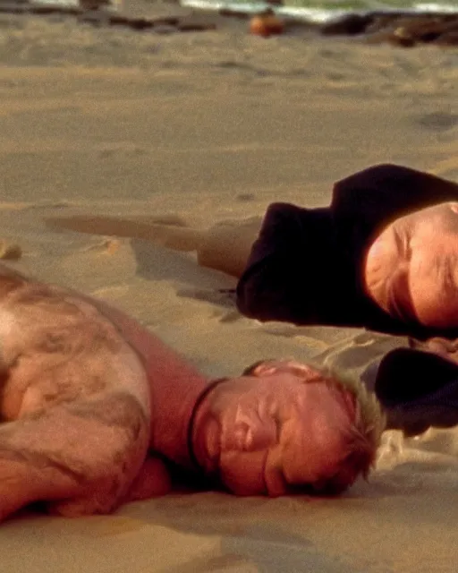 Prompt: film still close - up shot of boris johnson passed out on the beach from the movie monty python's the meaning of life. photographic, photography