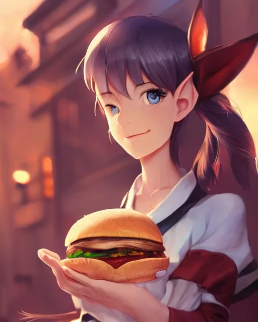 Prompt: adorable elf girl holding a burger, single subject, close shot, ambient lighting, white hair, detailed face, by makoto shinkai, stanley artgerm lau, wlop, rossdraws