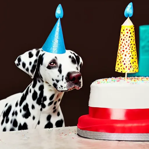 Prompt: female dalmatian with birthday hat eating birthday cake,