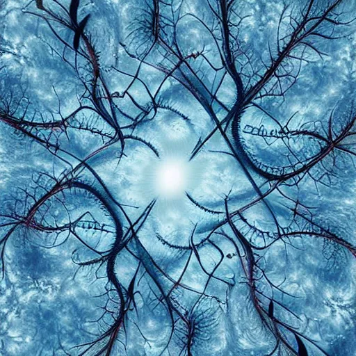 Prompt: a partly cloudy sky in the summer, with a fractal tree pattern akin to a motherboard painted upon the heavens
