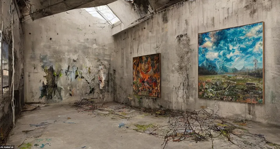 Image similar to abandoned overgrown brutalist warehouse with several paintings of utopian paintings! of lush landscapes! hung on the walls like a gallery, rusted over robots painting! on the canvases, servers scattered over the floor, wires dangling