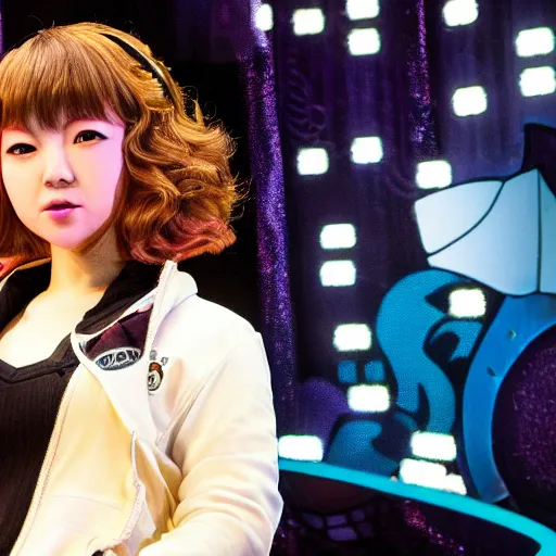 Image similar to chiaki nanami, a japanese girl with light hair in a bob that curls outward, a galaga hairpin, a dark turquoise hoodie, and a kind face stars in a broadway show, chiaki nanami from danganronpa, proshot getty images fullbody stage lights, gamer themed, professional photography