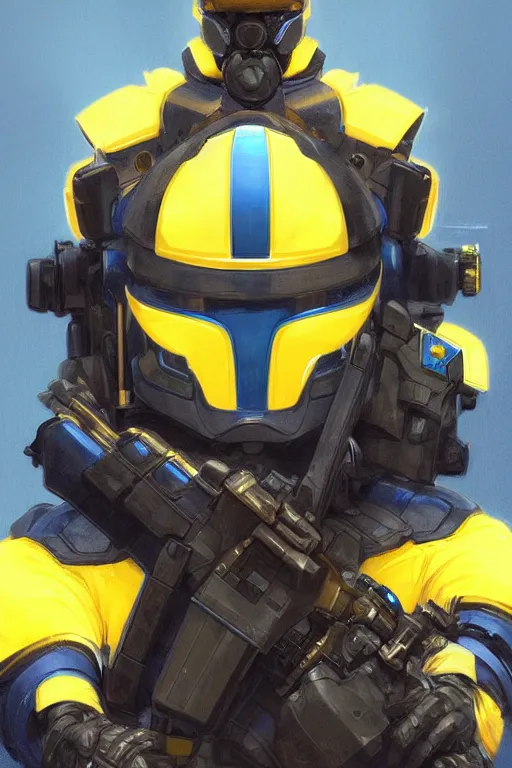 Image similar to a swat unit modern technology, blue and yellow shoulder patch, realistic portrait full body, symmetrical, highly detailed, digital painting, artstation, concept art, smooth, sharp focus, illustration, cinematic lighting, art by artgerm and greg rutkowski and alphonse mucha