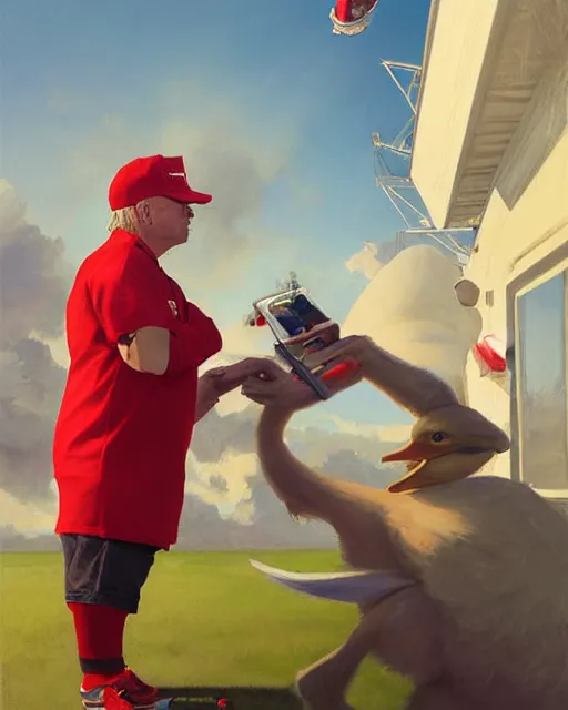 Prompt: donald trump painting the portrait of a young ducktail - bearded middle eastern american male with black wayfarer glasses and red baseball hat dressed in a spaceship pilot dress, portrait, illustration, rim light, top light, perfectly shaded, spring time, slight overcast lighting, soft painting, art by krenz cushart and wenjun lin