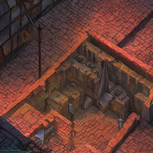 Image similar to a topdown battlemap from 9 0 degrees angle of a medieval town alley, special areas marked with transparent red colour, dnd encounter, dawn, dark fantasy, extremely detailed, no people, photorealistic, octane render, 8 k, unreal engine 5. art by artgerm and greg rutkowski and alphonse mucha