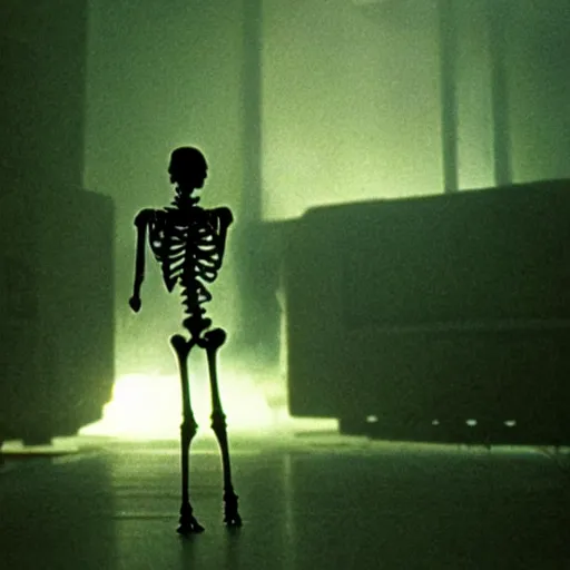 Image similar to a glowing skeleton walking. still from blade runner.