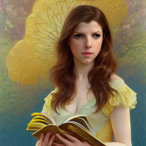 Image similar to anna kendrick wearing a yellow dress and reading a book, masterpiece, intricate, elegant, highly detailed, digital painting, artstation, concept art, smooth, sharp focus, illustration, art by artgerm and greg rutkowski and alphonse mucha and uang guangjian and gil elvgren and sachin teng, symmetry!!