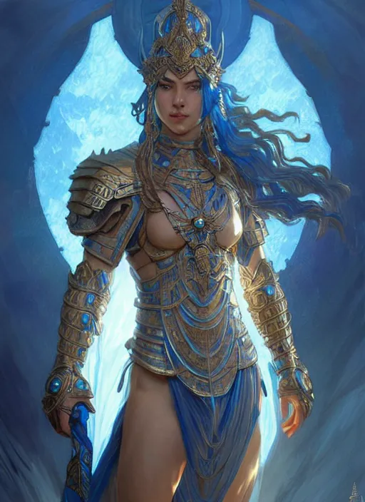 Image similar to a god of water wearing blue armor, with hands and hair turning into wearing, fantasy, intricate, elegant, highly detailed, digital painting, artstation, concept art, wallpaper, smooth, sharp focus, illustration, art by artgerm and greg rutkowski and alphonse mucha