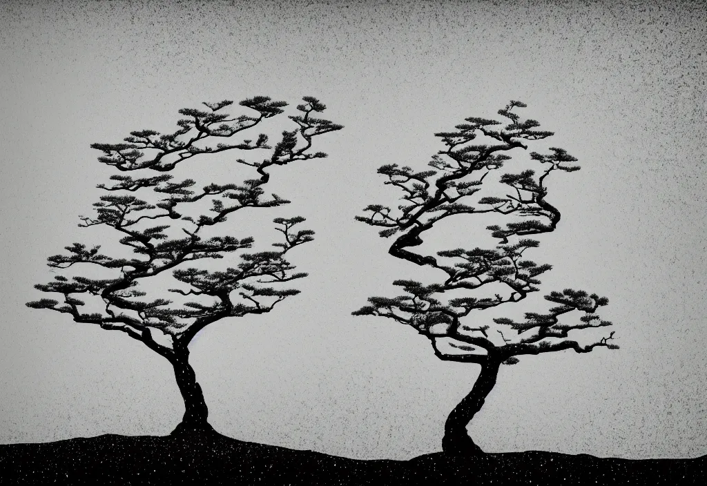 Prompt: windswept tree, rural japan, a collage painting, in the style of wes anderson, lola dupre, david hockney, isolated on negative white space background dark monochrome fluorescent neon spraypaint accents volumetric octane render