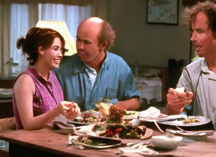 Image similar to film still of Clint Howard and Isla Fischer having dinner in the new You've Got Mail movie, 4k