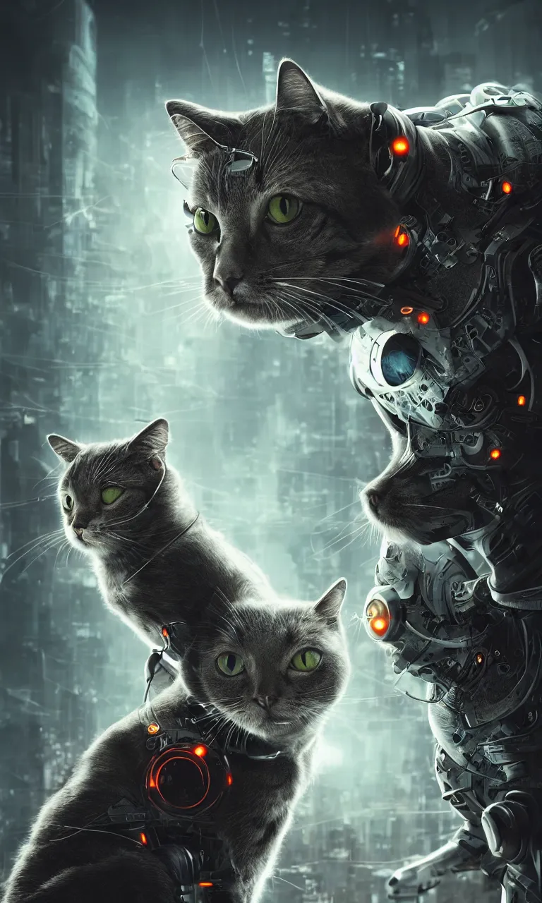 Prompt: beautiful cat cyborg, futuristic, cyberpunk, highly detailed, photorealistic, sharp focus,, cinematic composition, cinematic lighting, detailed