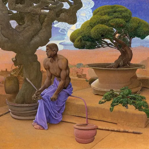 Image similar to Muscular African gardener cutting bonsai trees, grey Hair, idyllic Garden, by Annie Swynnerton and Nicholas Roerich and jean delville, glowing paper lanterns, strong dramatic cinematic lighting , ornate tiled architecture, lost civilizations, smooth, sharp focus, extremely detailed