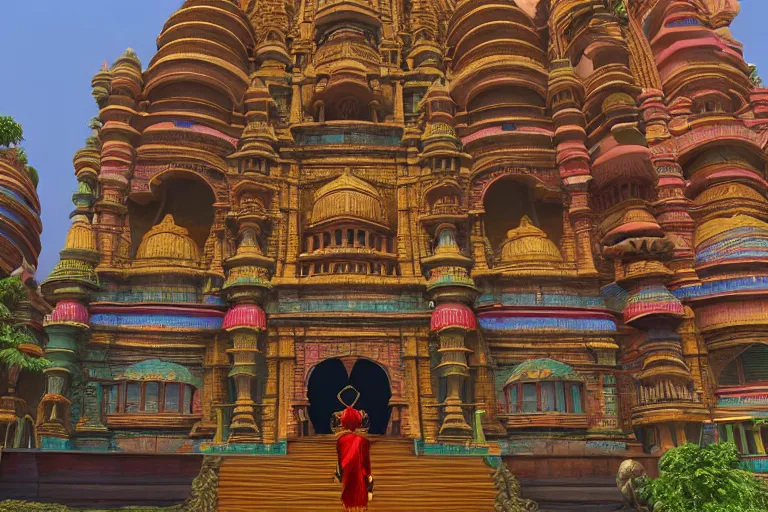 Image similar to high quality 3 d dreamscape! mumbai with biomorphic hanuman!! head building, kalighat, unreal engine hyperrealistic cinematic smooth, stephen shore & john j. park, soft morning light, wide shot, high angle, uhd 8 k, deep focus