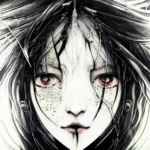 Image similar to Yoshitaka Amano blurred and dreamy illustration of an anime girl with black eyes, wavy white hair and cracks on her face wearing elden ring armour with the cape fluttering in the wind, abstract black and white patterns on the background, noisy film grain effect, highly detailed, Renaissance oil painting, weird portrait angle