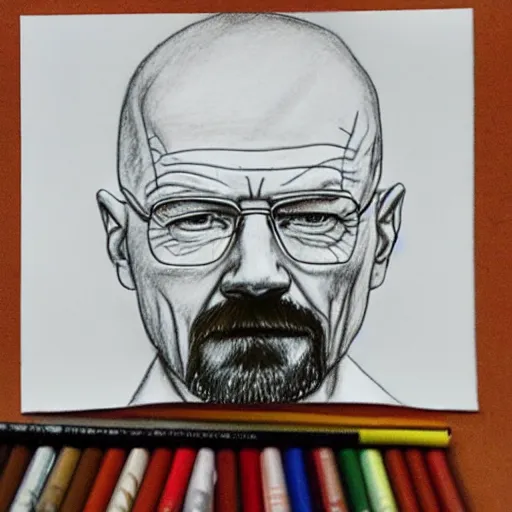 Image similar to walter white crayon drawing, drawn by a 3 - year - old