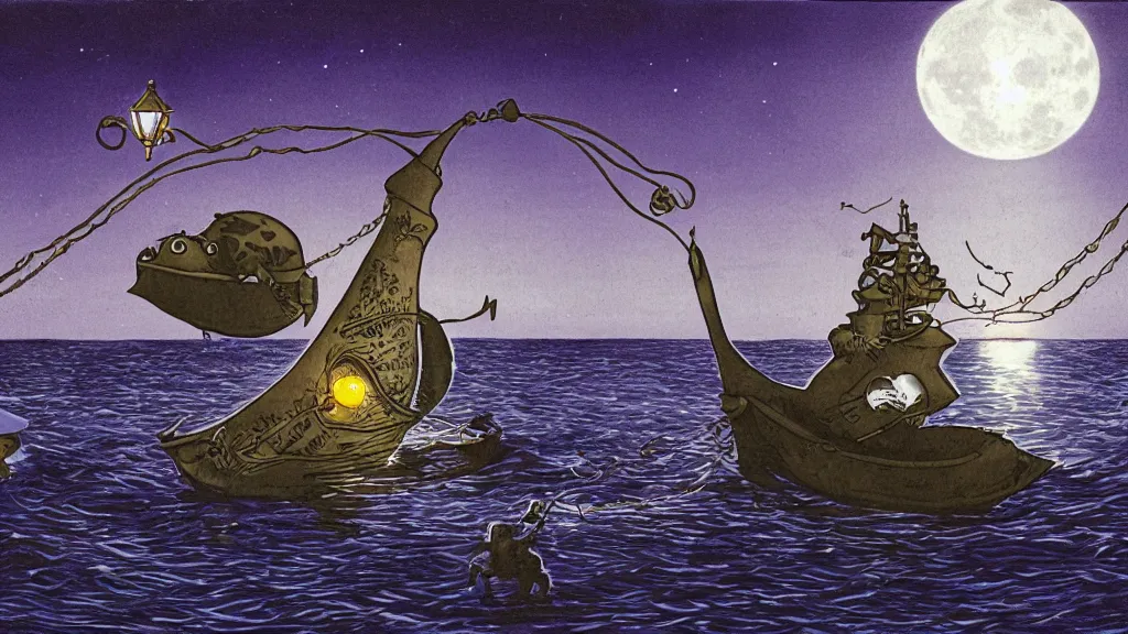 Image similar to a giant anglerfish at the surface of the water meets a sailor with a lantern on a sloop, background with large full moon and purple sky, intricate, accurate details