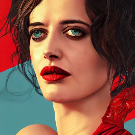 Image similar to highly detailed painting of eva green wearing a bikini and red scarve, gta 5 cover art style, 8 k, radiant light, detailed and intricate environment, trending on artstation