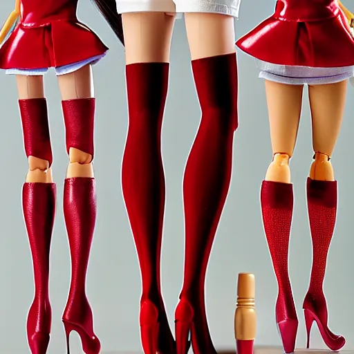 Image similar to anime barbie doll, 5 dolls, doctor suit, playboy, leather, in red velvet stockings, a nurse's dress, full length, heels on her feet