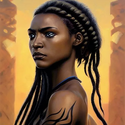 Prompt: Portrait of a beautiful melanated black braid young valkyrie shieldmaiden viking proud regal melanated, dreadlock hair, braided hair, bare midriff, blue eyes, intricate, elegant, highly detailed, digital painting, artstation, concept art, smooth, sharp focus, illustration, art by artgerm and greg rutkowski and alphonse mucha