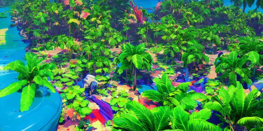 Prompt: plastic beach island lush vegetation caustics fluid simulation lighting impressive colorful masterpiece graffiti hyper perspective textured detailed intricate sharp focus 8 k