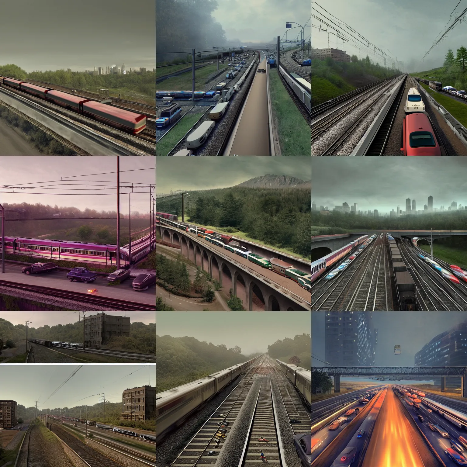 Prompt: a train driving down a busy motorway filled with cars, a matte painting by gregory crewdson, behance, american scene painting, matte painting, playstation 5 screenshot, matte drawing