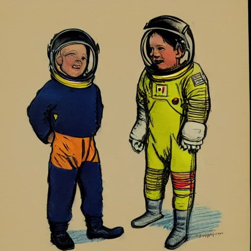 Image similar to Orville Houghton Peet and William Simpson and Jean Gautier color sketch of a boy super scientist in a retro home made astronaut suit