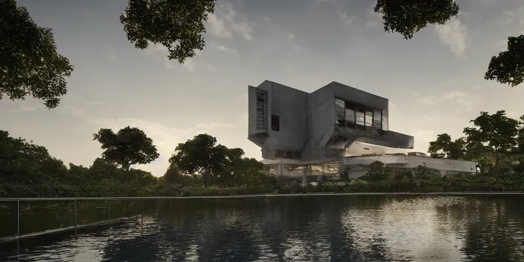 Image similar to a stunningly detailed arts center designed by Le Corbusier, surrounded by lush green forest, ponds of water, stunning volumetric lighting, sunset, metal, concrete, stunning skies, trending on Artstation, 8k, photorealistic, hyper detailed, unreal engine 5, IMAX quality, cinematic, epic lighting, in the style of Greg Rutkowski