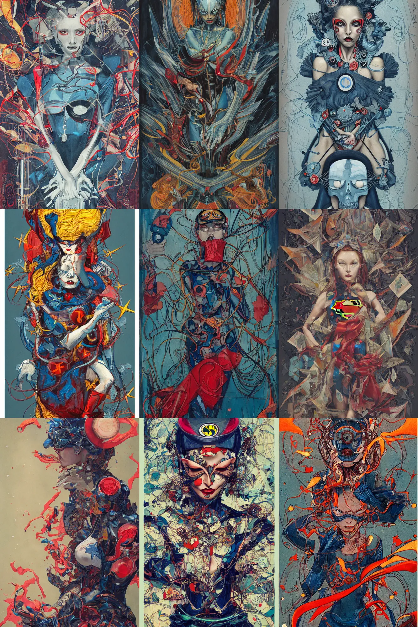 Prompt: a painting of supermam, an ultrafine detailed painting by james jean, behance contest winner, vanitas, tarot card, dystopian art, angular, altermodern