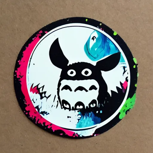 Image similar to die cut sticker, totoro with princess mononoke mask, splatter paint