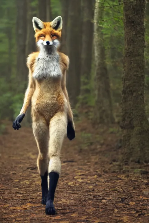 Image similar to anthro furry digitigrade natural - colored fox woman with black paws, walking upright in a forest, cinematic