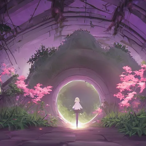 Image similar to paradise at at the end of the tunnel with a cross as the light shining into the tunnel, with pale purple and pale pink lighting, cute, aesthetic, anime, with a few vines and overgrowth, studio ghibli, cinematic, painting, high definition, digital art, symmetrical, very detailed, extremely high detail, photo realistic, concept art, unreal engine 5,