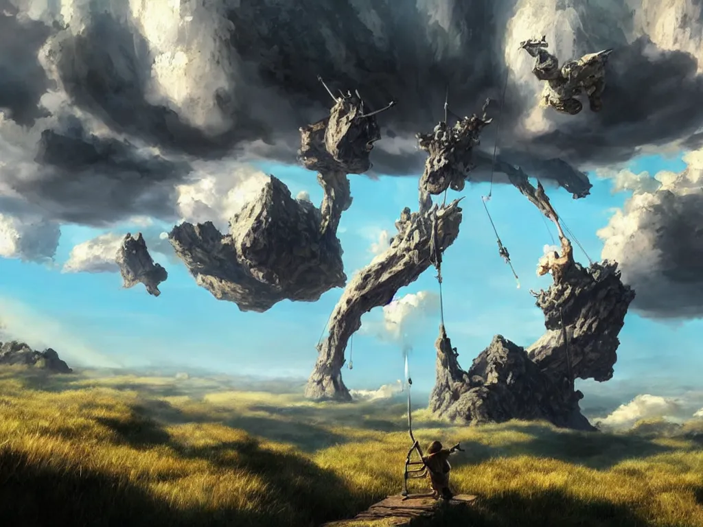 Image similar to great big giants swinging the weapons to the drop of a clouds from sky. fantasy, highlight scene of the movie, high quality, highly detailed 8 k, unreal engine 5, scene of myth, art by hiroaki samura and jiro matsumoto and yao wang from artstation