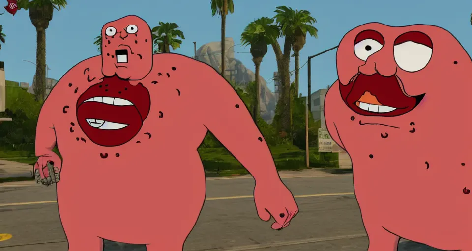 Image similar to Screenshot of a 3d version of Meatwad from Aqua Teen Hunger Force as a 3d NPC in the videogame 'Grand Theft Auto V' (2013). Sharpened. 1080p. High-res. Ultra graphical settings.