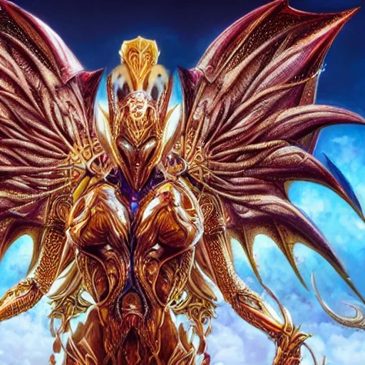 Image similar to a beautiful symmetrical muscular full body wearing a dragon armor with wings made of golden ornaments and gems, by alex gray and android jones , Karol Bak, Ayami Kojima, Amano , concept art, character design, fantasy,3D, 8k resolution