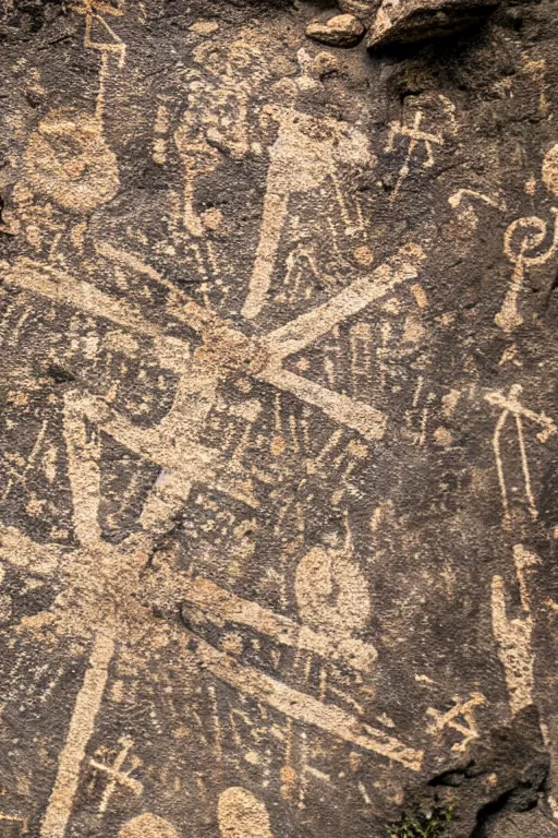 Image similar to 4 k photography of petroglyphs representing crosses, sauwastica, wifi symbol on a cave