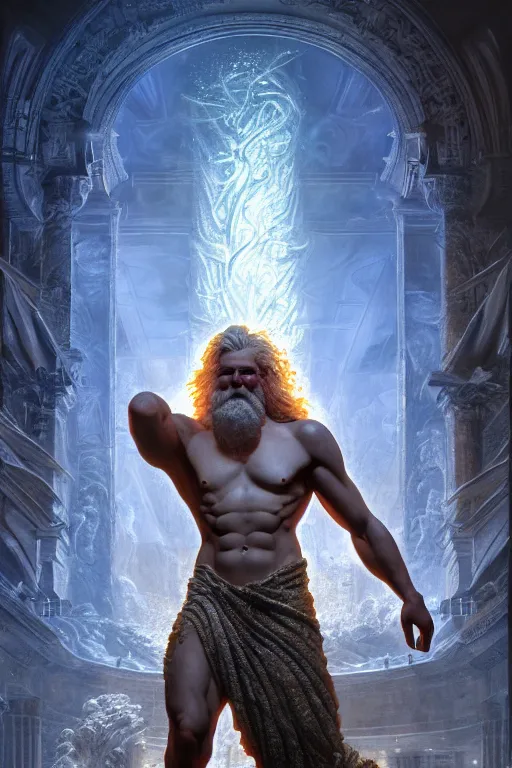 Image similar to hyperrealistic mixed media painting of zeus, full body, stunning 3 d render inspired art by p. craig russell and barry windsor - smith dim volumetric lighting, 8 k octane beautifully detailed render, post - processing, intricate, epic composition, grim yet sparkling atmosphere, cinematic lighting