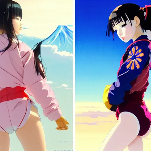 Image similar to a beautiful japanese natalie portman gravure model, wearing oversized native designer bomber jacket and leotard with overalls, bulky poofy bomber jacket with mesoamerican patterns, mesoamerican native street fashion, gapmoe yandere grimdark, trending on pixiv fanbox, painted by greg rutkowski makoto shinkai takashi takeuchi studio ghibli, akihiko yoshida