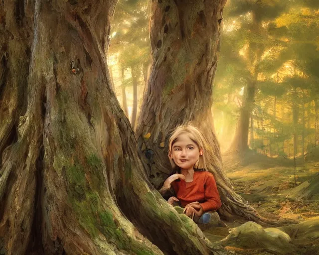 Prompt: a talking tree, a smiling face in the bark, nose made of wood, mouth in the bark, fantasy concept art, oil painting, hyperrealistic, highly detailed, artstation, cgsociety, in the forest