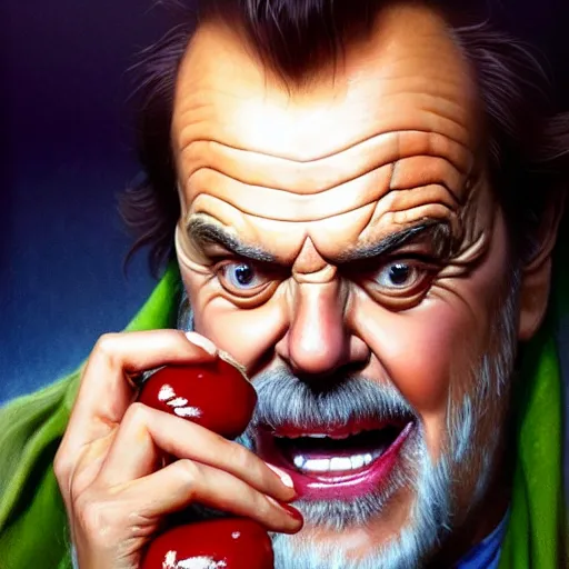 Prompt: portrait of jack nicholson eating hamburgers, extra onions and ketchup, luscious patty with sesame seeds, feminine ethereal, handsome, d & d, fantasy, intricate, elegant, highly detailed, digital painting, artstation, concept art, matte, sharp focus, illustration, art by artgerm and greg rutkowski and alphonse mucha