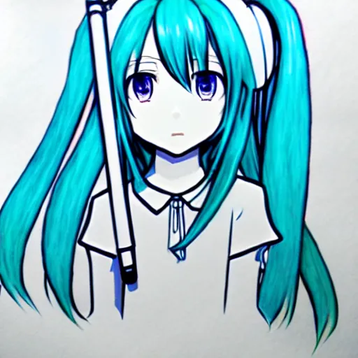 Image similar to hatsune miku v 3, blue pen art on paper