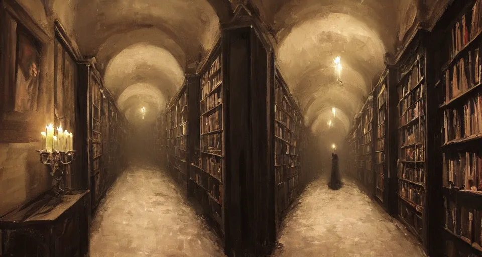 Image similar to Stefan Koidl's painting of a very dark creepy victorian corridor with bookshelves everywhere and two candles. 4k, artstation.