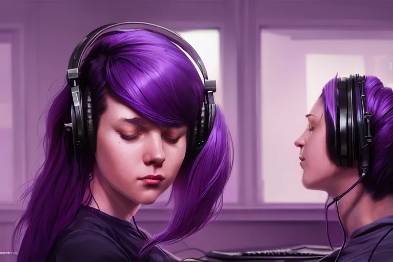 Prompt: wide - shot of stunningly beautiful purple haired female with headphones at home studio streaming computer games late at night, very detailed, 4 k, concept art like ernest khalimov, intricate details, highly detailed by greg rutkowski, ilya kuvshinov, gaston bussiere, craig mullins, simon bisley, backlit