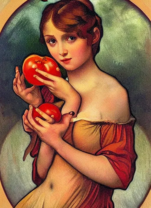 Image similar to Girl with a tomato, in the style of Raphael and Mark Ryden and Alphonse Mucha,