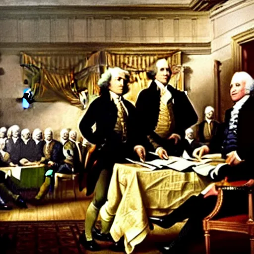 Prompt: film still of Danny Devito interrupting the signing of the declaration of independence and everyone is upset