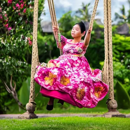 Prompt: A women in a peony dress swings on a flower swing in Bali style by velasquez