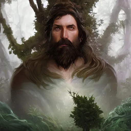 Prompt: beautiful portrait of an epic fantasy earth and nature god with medium length brown hair and a husky beard holding a dark metal sword in the deep forest as he looks at us, oil painting by Greg Rutkowski and Charlie Bowater and Artgerm, unreal 5, DAZ, epic RPG Portrait, trending on artstation, dynamic lighting, late afternoon lighting, forest, green theme, afternoon light