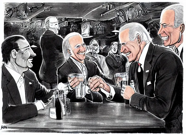 Prompt: joe biden arm wrestling in a bar in china illustration by mike ploog