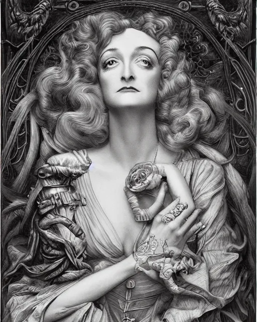 Image similar to in the style of beautiful bette davis, steampunk, detailed and intricate by jean delville, gustave dore and marco mazzoni, art nouveau, symbolist, visionary, gothic, pre - raphaelite colorful