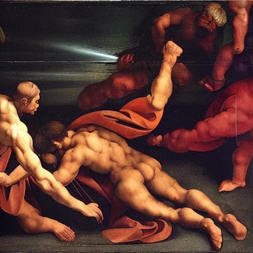 Image similar to two men are fighting on a deck at night, a screenshot by michelangelo, featured on reddit, temporary art, renaissance painting, demonic photograph, ultra realistic