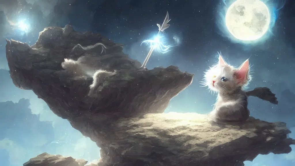 Image similar to a single cartoonish kitten dressed as Gandalf floating in space, bright stars, anime, a fantasy digital painting by Greg Rutkowski and James Gurney, trending on Artstation, highly detailed